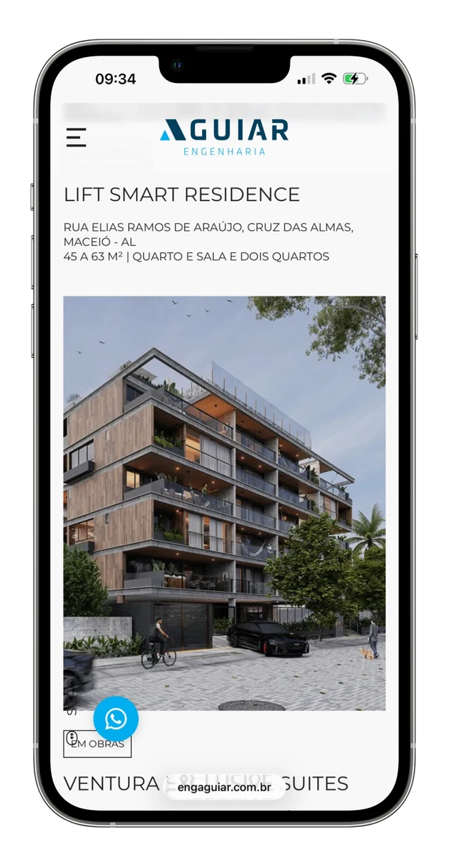 Website da Aguiar Engenharia no celular com o empreendimento Lift Smart Residence