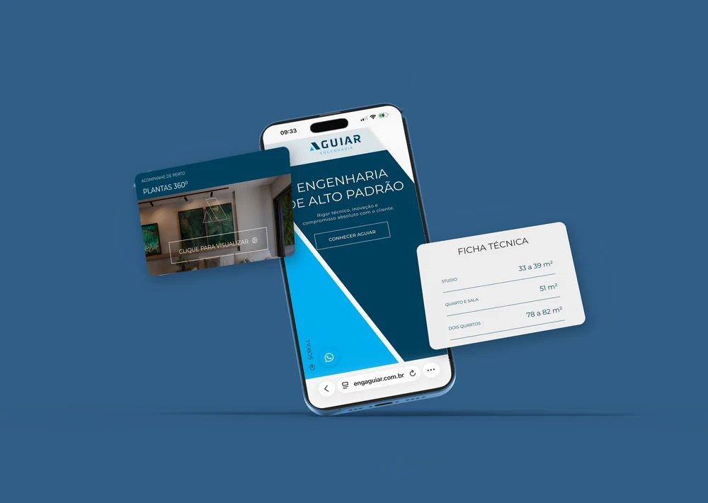 Mockup flutuante do website da Aguiar Engenharia