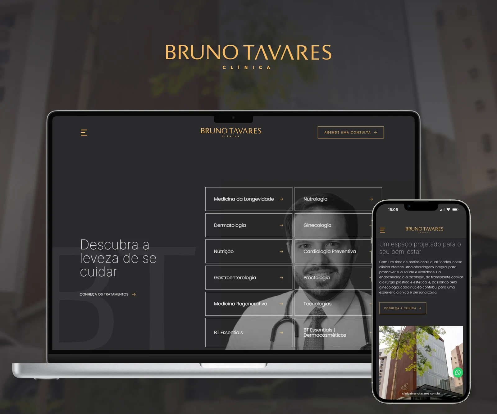 Website da Clínica Bruno Tavares apresentado em notebook e celular