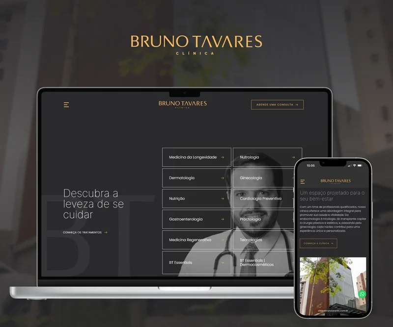 Website da Clínica Bruno Tavares em notebook e celular