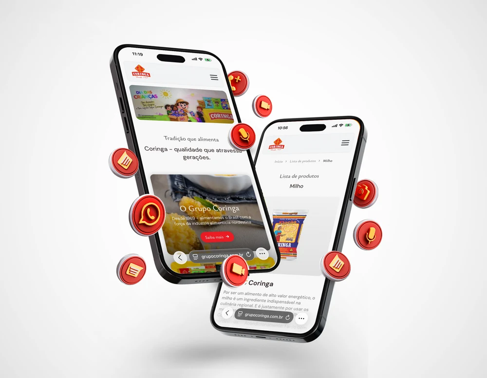 Mockup do website do Grupo Coringa em celulares flutuantes