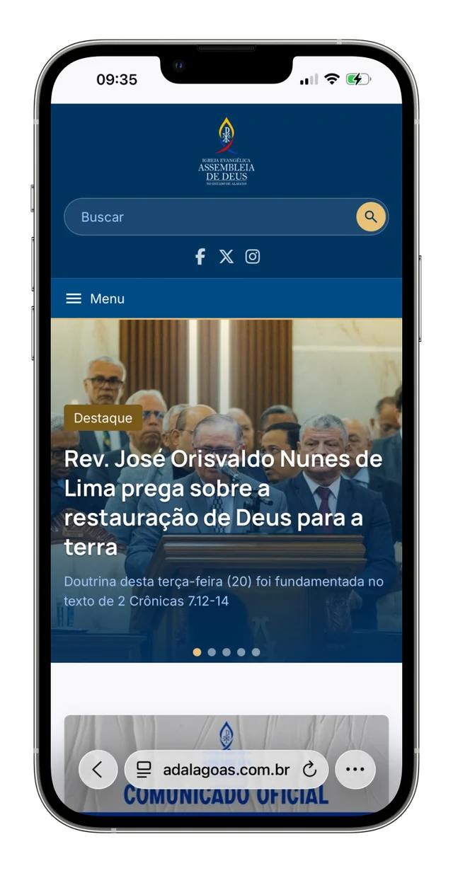 Portal AD Alagoas no celular, com busca, menu e notícia em destaque